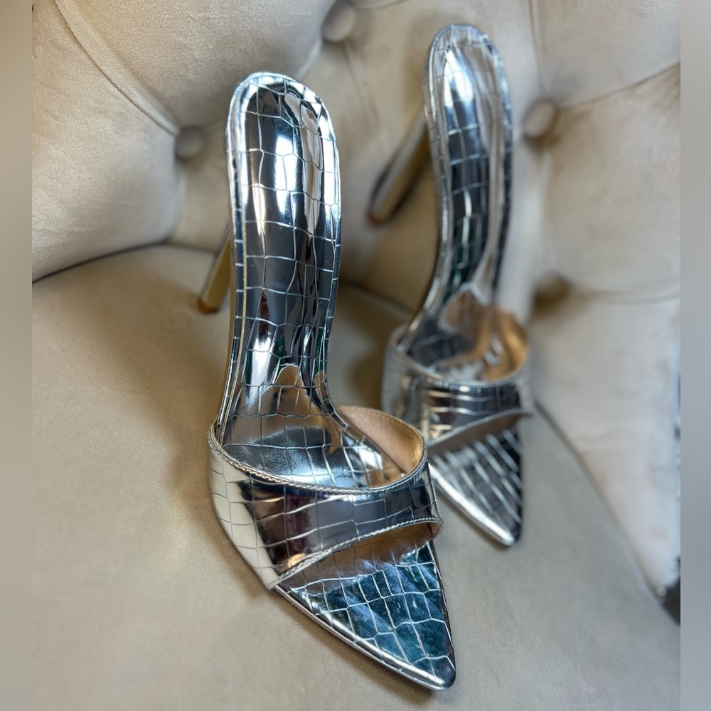 Silver Croc-Embossed Pointed-Toe Mules